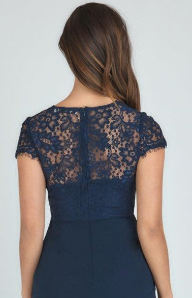 Lace bodice midi dress with cap sleeves & tulip hem - Navy