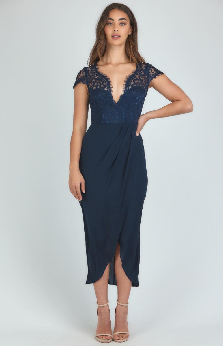 Lace bodice midi dress with cap sleeves & tulip hem - Navy