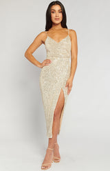 Sequin v neck midi dress with shoestring straps - Champagne (Ready to ship!) - (SDR1306A)