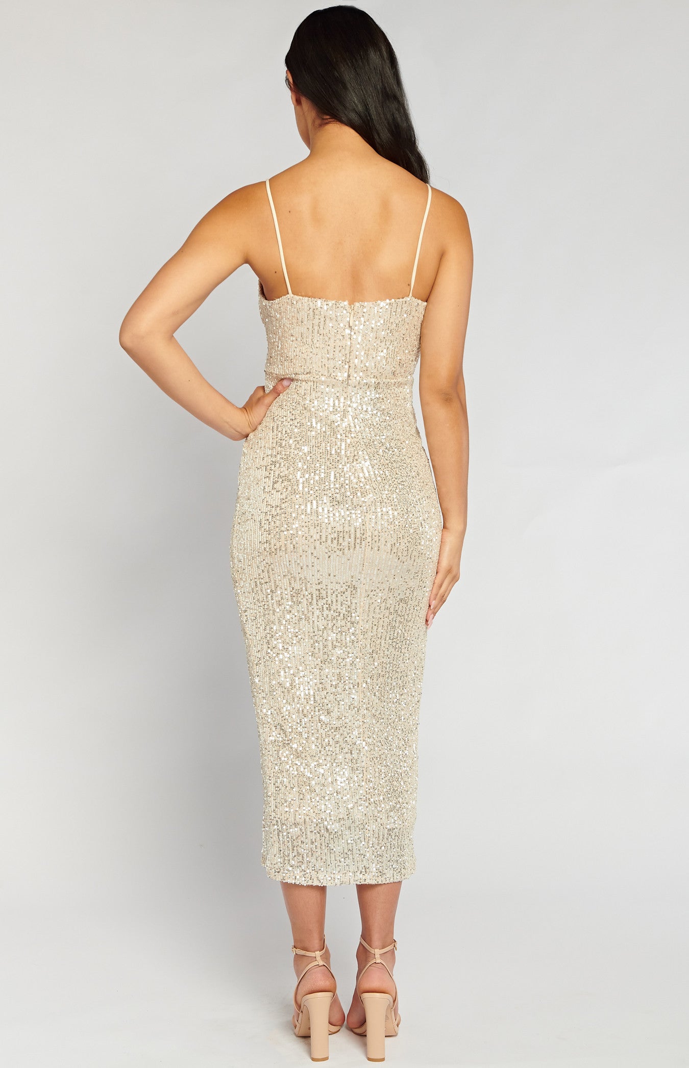 Sequin v neck midi dress with shoestring straps - Champagne (Ready to ship!) - (SDR1306A)