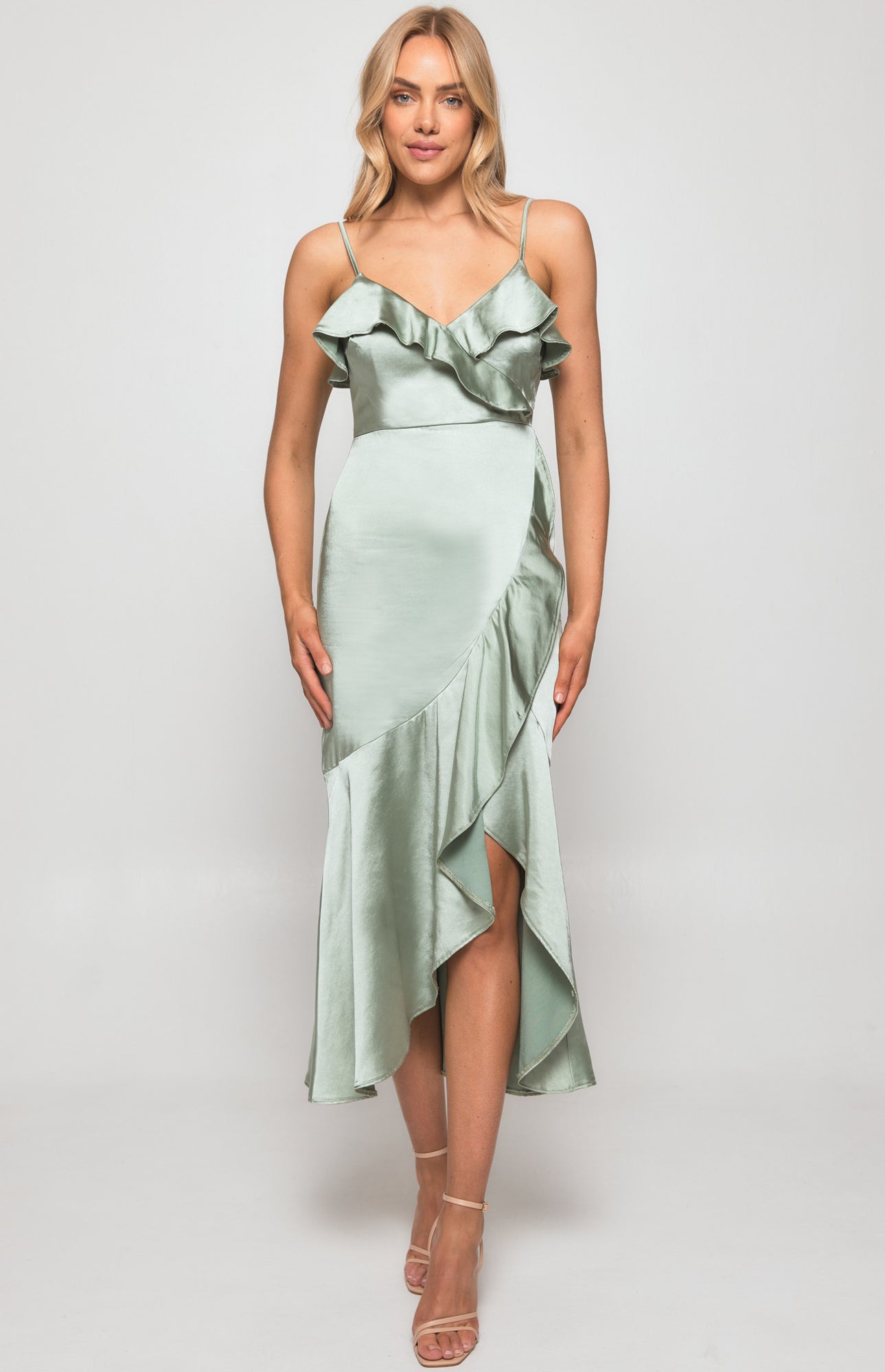 Satin Midi Dress with Frill Neckline and Waterfall Hem - Sage (SDR1350A)