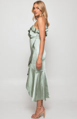 Satin Midi Dress with Frill Neckline and Waterfall Hem - Sage (SDR1350A)