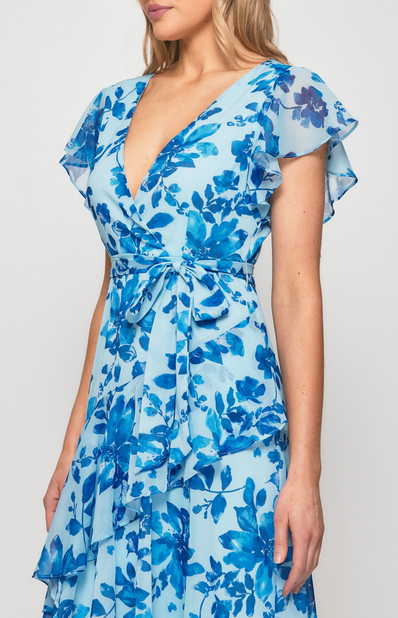 Floral Chiffon Tiered Frill Hem Midi Dress with flutter sleeve - Blue