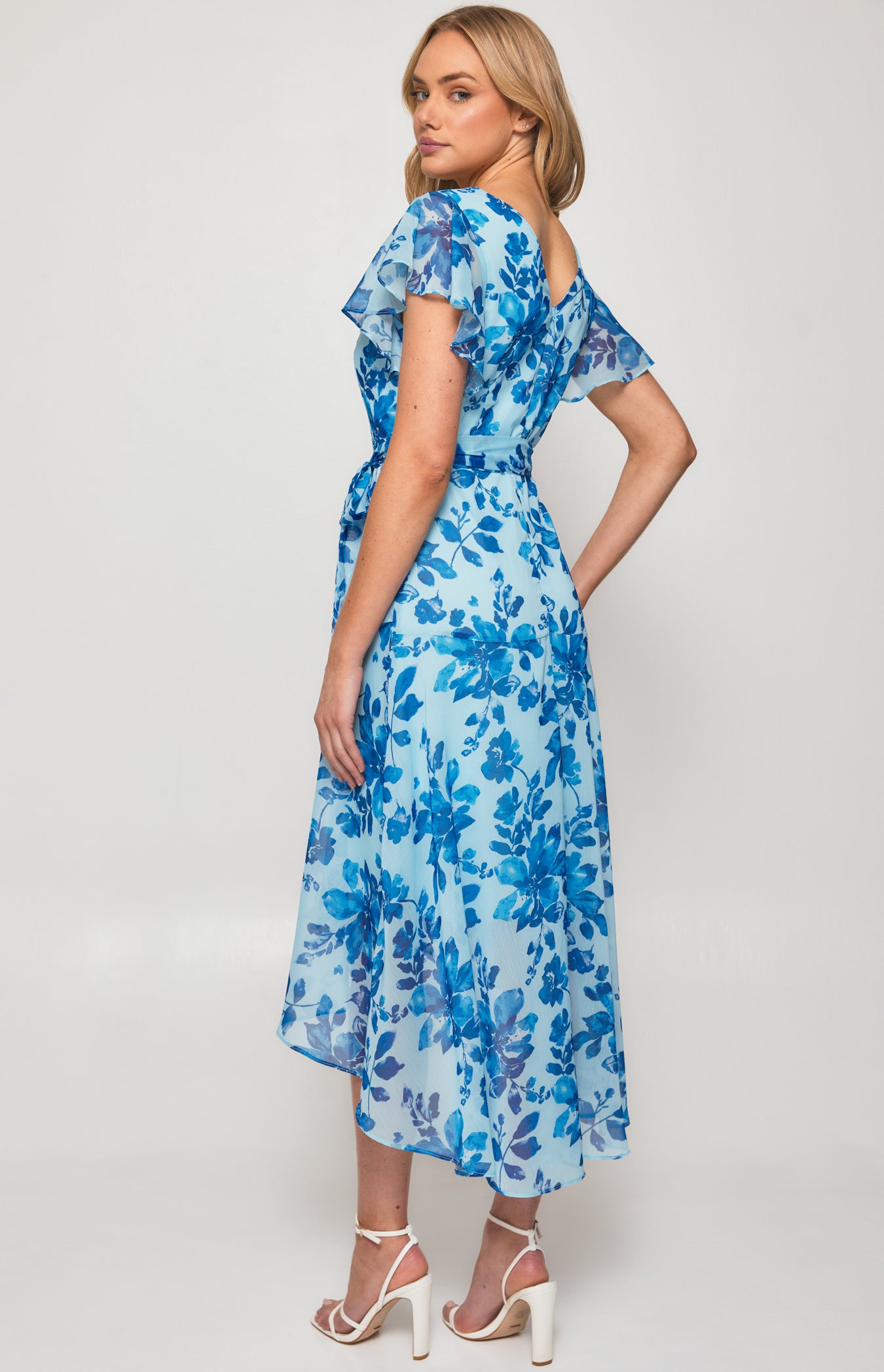 Floral Chiffon Tiered Frill Hem Midi Dress with flutter sleeve - Blue