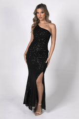 One Shoulder Sequin Gown - Black