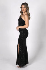One Shoulder Sequin Gown - Black