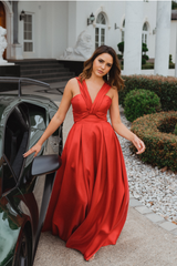 PO910 Cannes Front of red v-shaped neckline, floor length, A line, matte satin formal dress