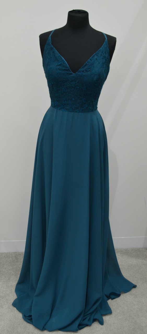 Teal chiffon dress with lace bodice size 14 C00144
