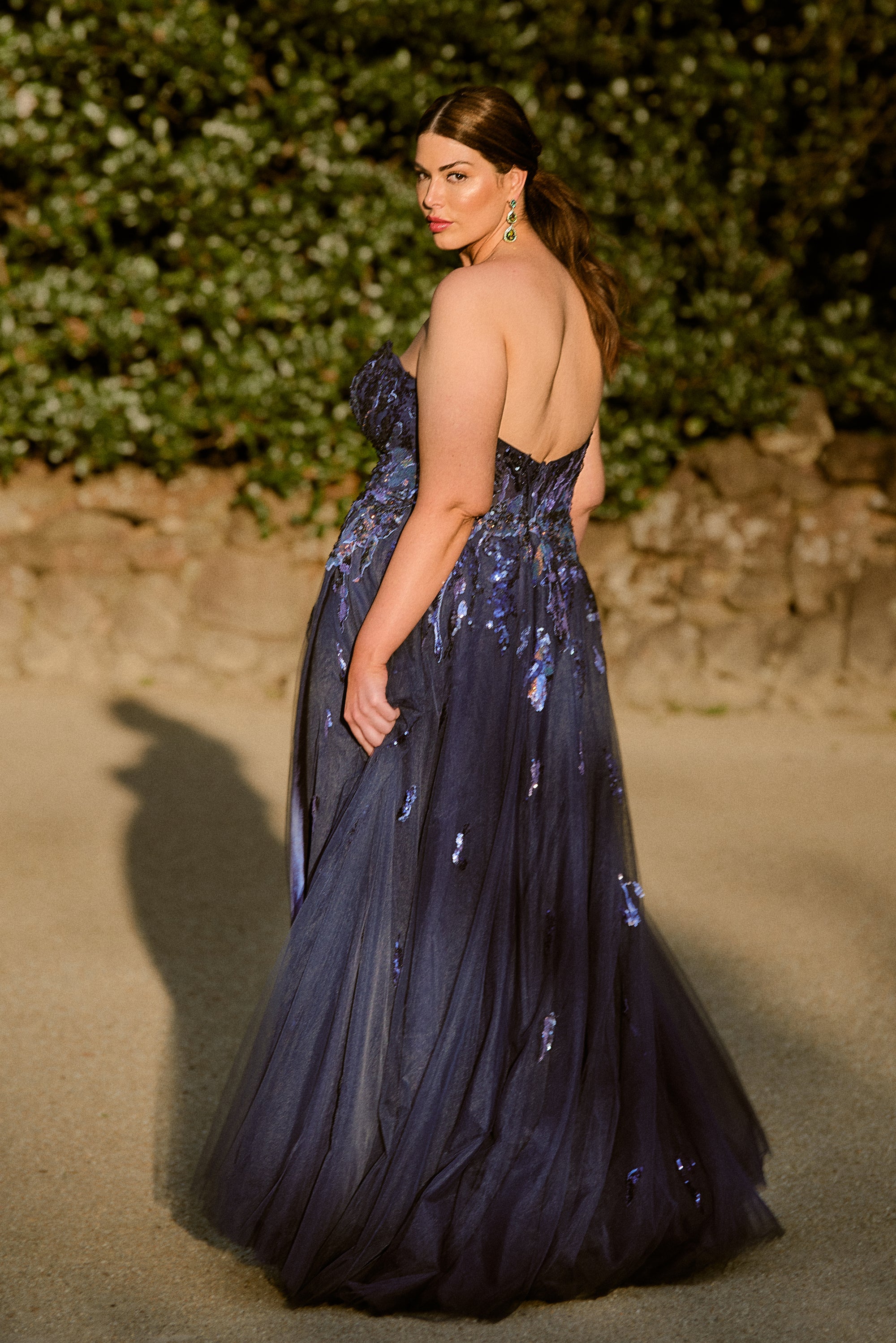 PO897 Delhi back of  navy blue strapless sweetheart, floor length A Line, tulle and sequin curve formal dress