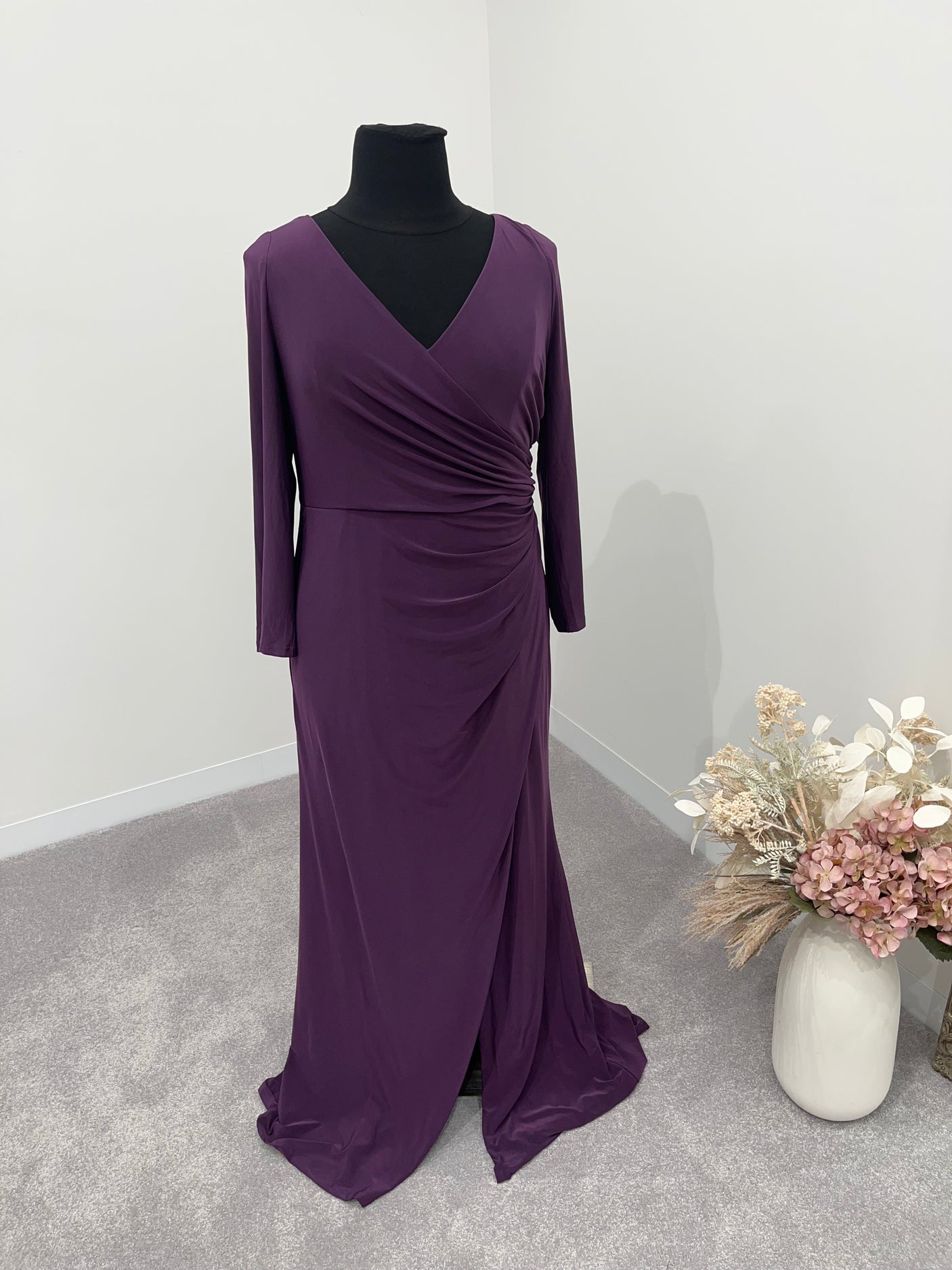Full length gown with long sleeves and ruching - Plum size 20 (221559)