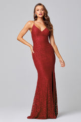 PO816 India Lace front of red fully lined, floor length stretch lace evening or formal dress