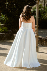 PO895 Medina back of pure white curve strapless sweetheart, floor length A Line, mikado satin formal dress