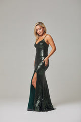 PO594 India side of Emerald fully lined, floor length, stretch sequin formal dress