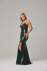 PO594 India side of emerald fully lined, floor length, stretch sequin formal dress