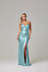 PO594 India front of pale blue fully lined, floor length, stretch sequin formal dress