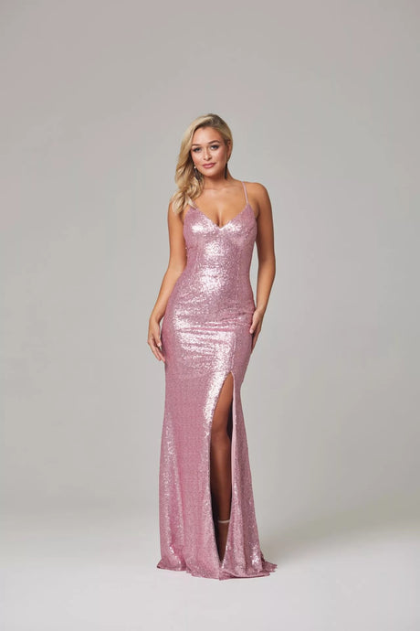 PO594 India front of Pink fully lined, floor length, stretch sequin formal dress