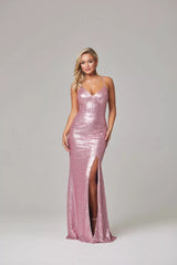 PO594 India front of pink fully lined, floor length, stretch sequin formal dress