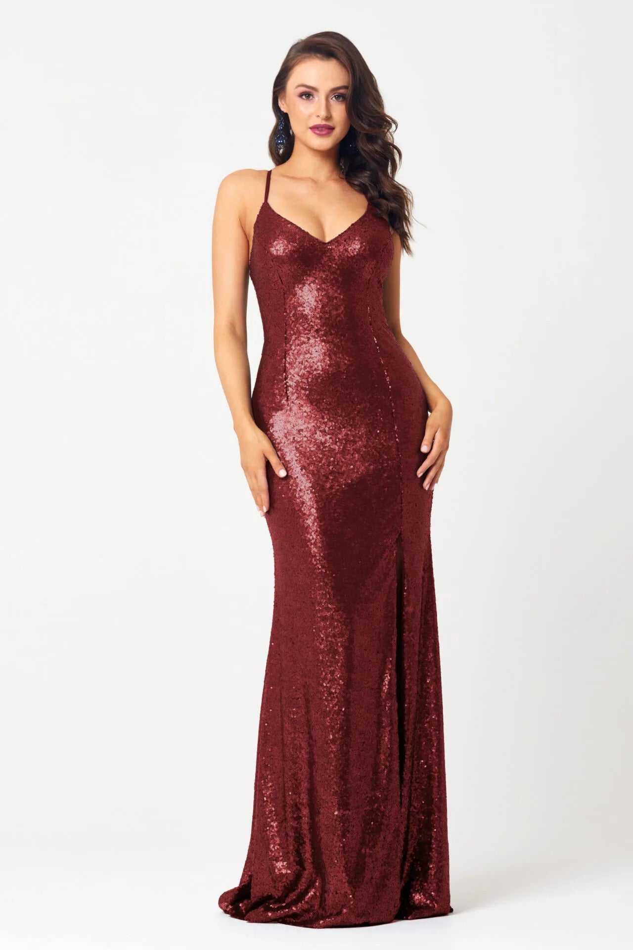 PO594 India front of cherry fully lined, floor length, stretch sequin formal dress
