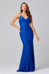PO816 India Lace Cobalt Blue fully lined, floor length stretch lace evening or formal dress