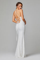 PO816 India Lace back of vintage white fully lined, floor length stretch lace evening or formal dress