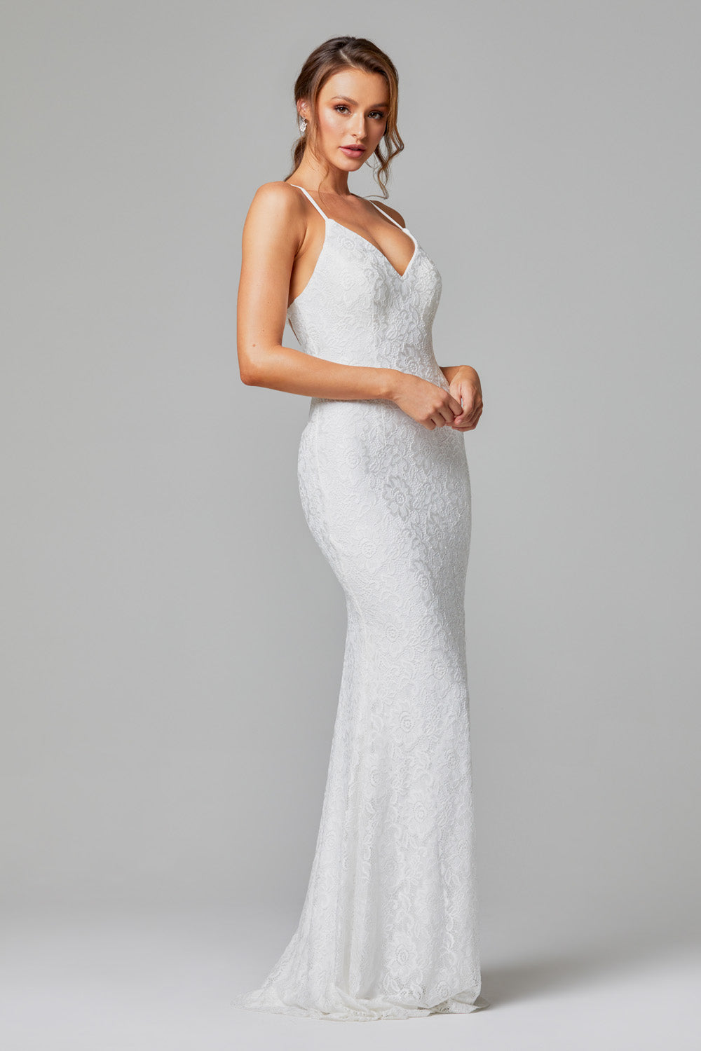 PO816 India Lace side of vintage white fully lined, floor length stretch lace evening or formal dress