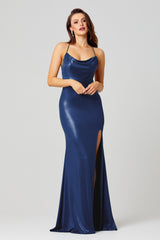 PO858 Piper front of navy blue fully lined, floor length, deluxe jersey formal dress