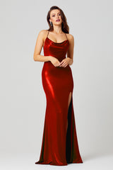 PO858 Piper front of red fully lined, floor length, deluxe jersey formal dress