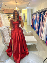 PO877 Clover front of red fully lined, floor length, metallic satin formal dress