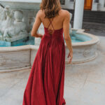 PO891 Monroe back of red v-neckline, A Line, sparkle satin formal dress