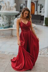 PO891 Monroe front of red v-neckline, A Line, sparkle satin formal dress
