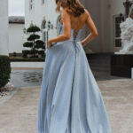 PO891 Monroe back of periwinkle v-neckline, A Line, sparkle satin formal dress