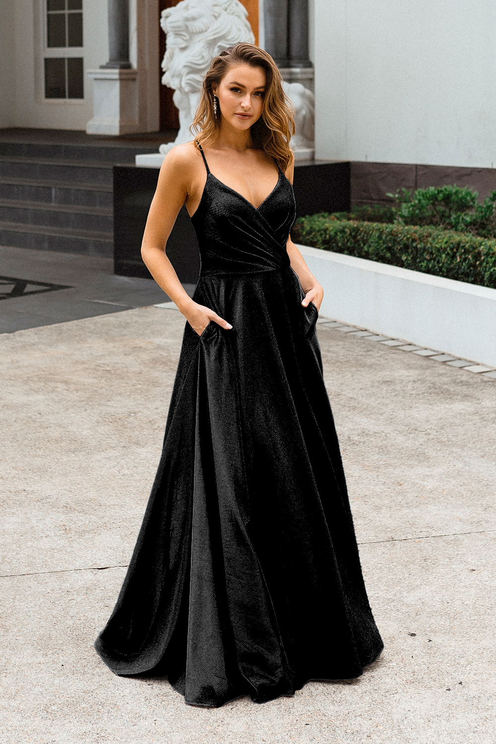 PO891 Monroe front of black v-neckline, A Line, sparkle satin formal dress