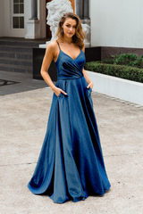 PO891 Monroe front of navy blue v-neckline, A Line, sparkle satin formal dress