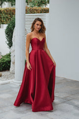 PO895 Medina front of red strapless sweetheart, floor length A Line, mikado satin formal dress
