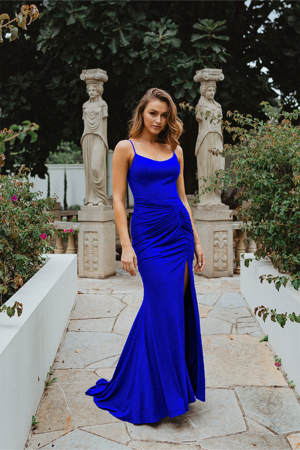 PO907 Shanghai front of cobalt blue scoop neckline, fitted mermaid, glitter knit formal dress
