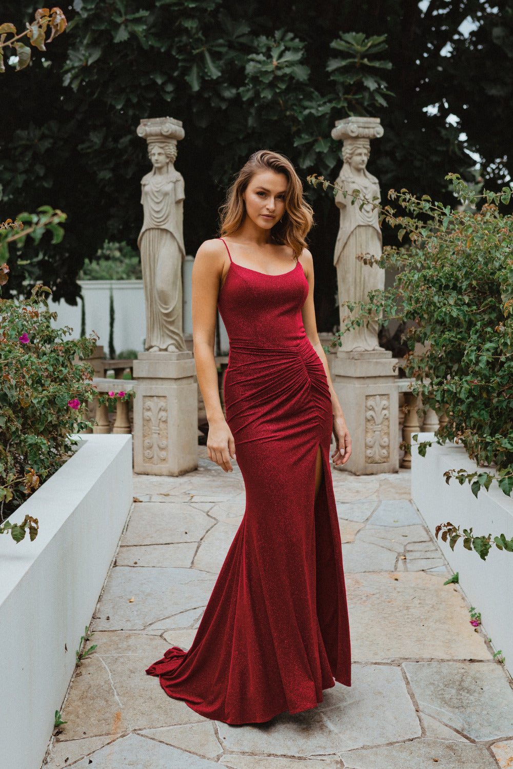 PO907 Shanghai front of red scoop neckline, fitted mermaid, glitter knit formal dress