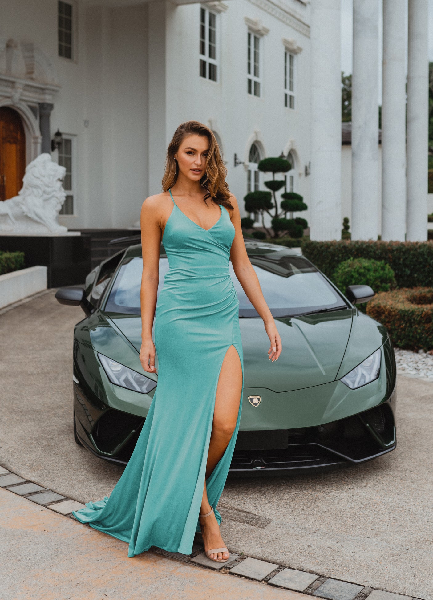 PO917 Aqua blue Scoop Neckline Fitted Floor length formal dress