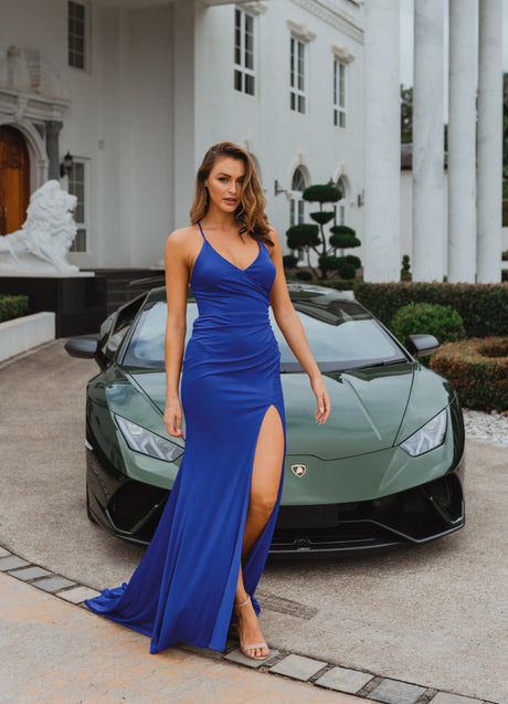 PO917 Cobalt Blue Scoop Neckline Fitted Floor length dress