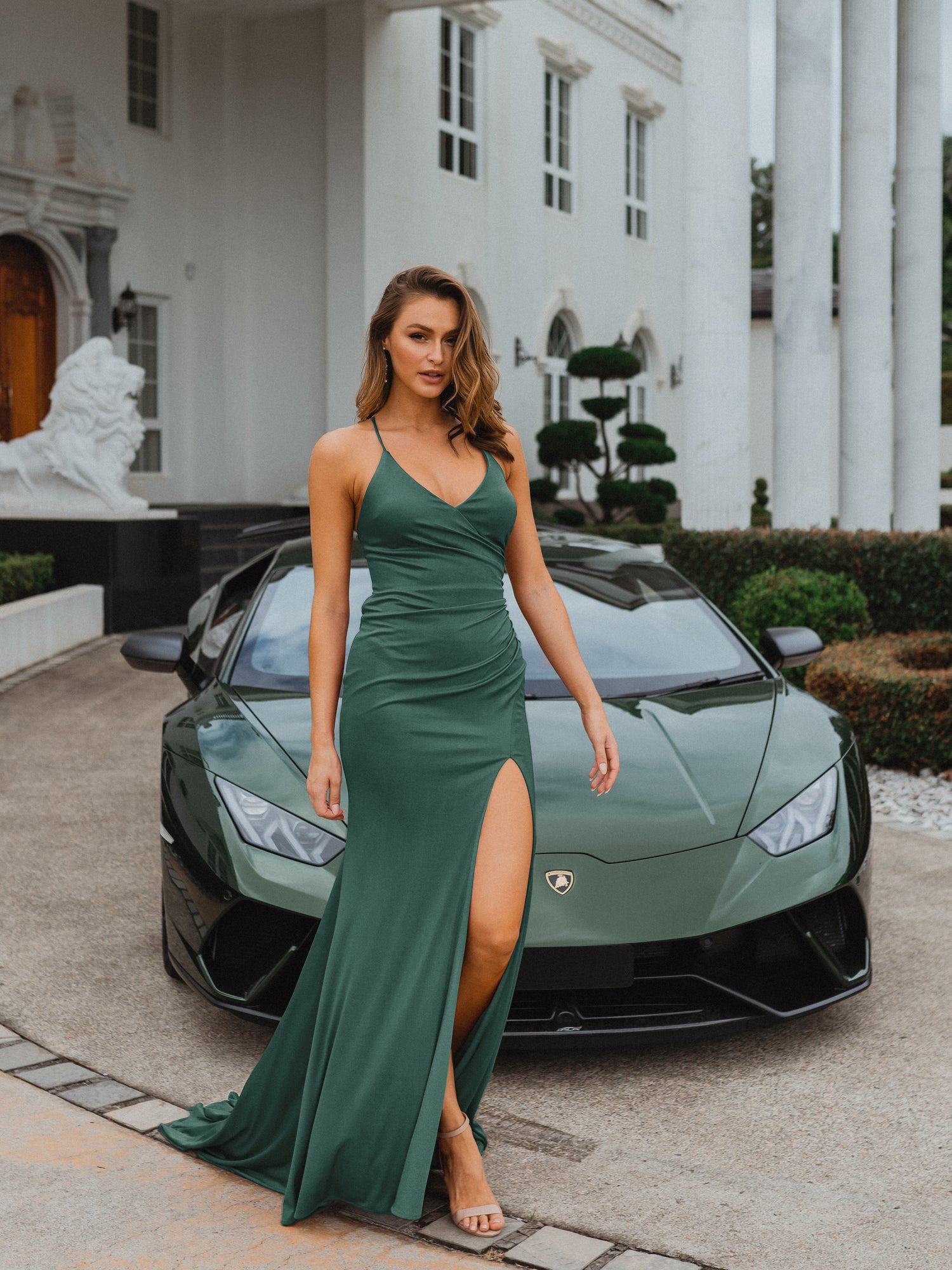 PO917 Forest Green Scoop Neckline Fitted Floor length formal dress