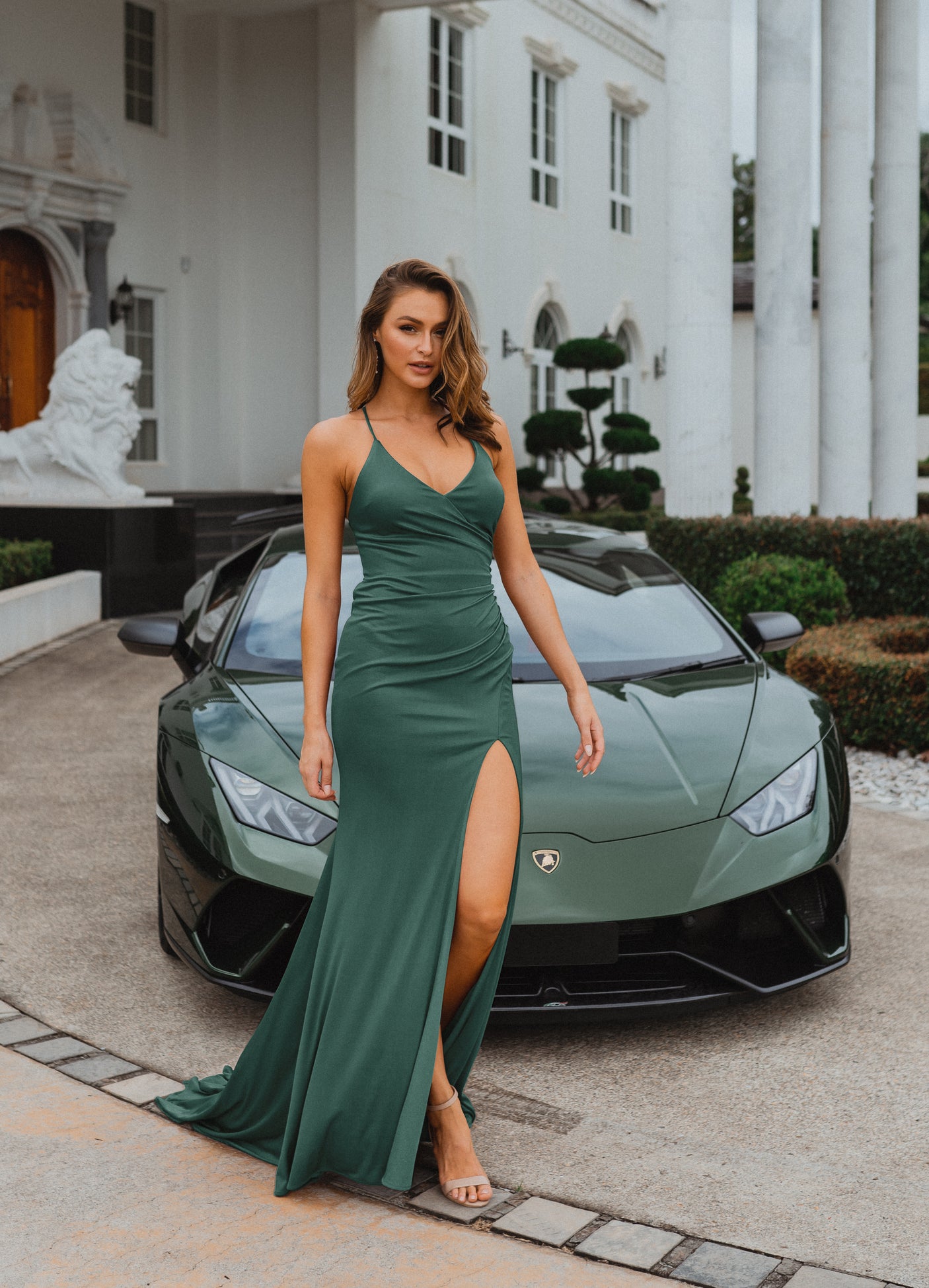 PO917 Forest Green Scoop Neckline Fitted Floor length formal dress