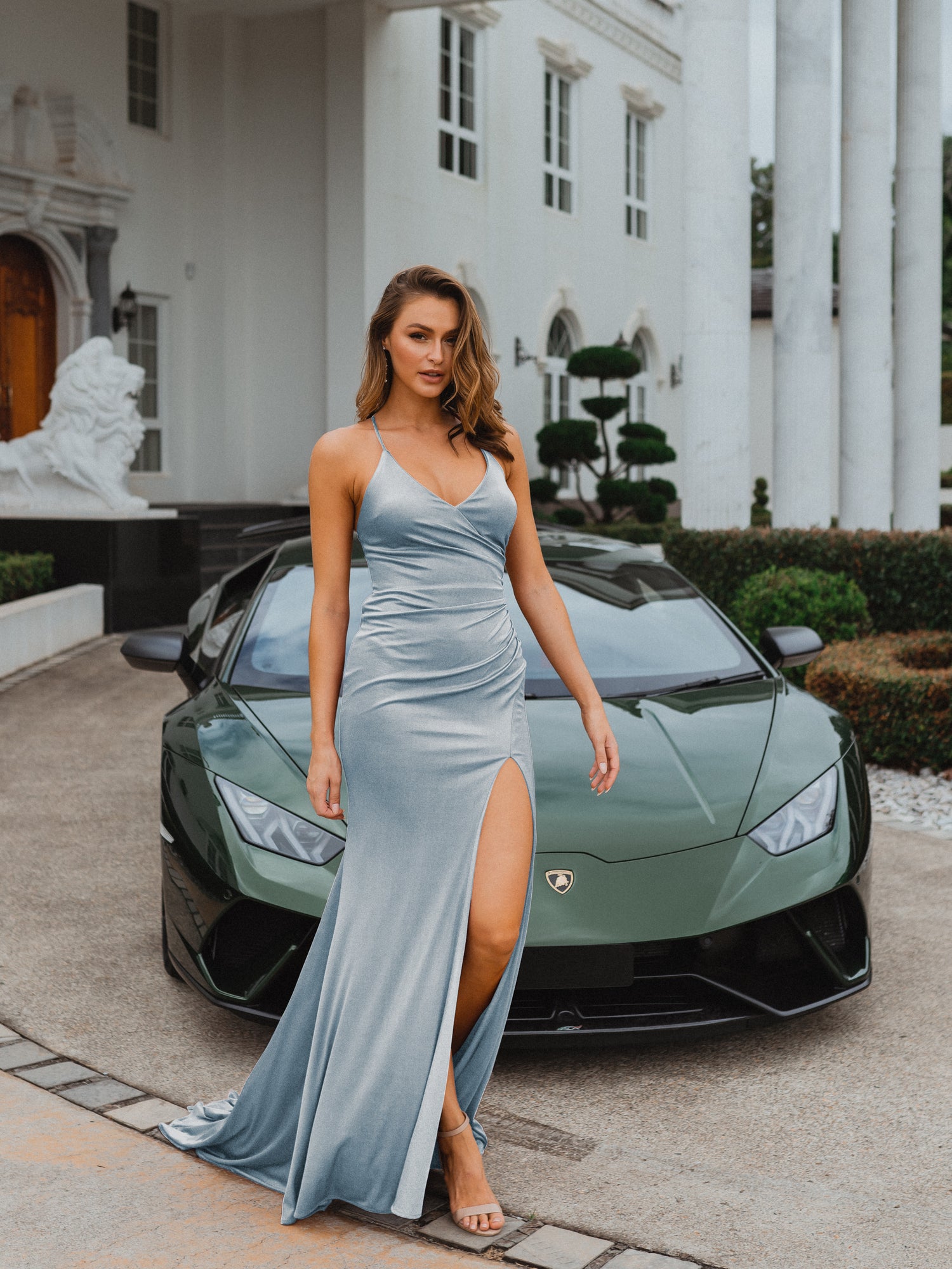 PO917 Pale Blue Scoop Neckline Fitted Floor length dress