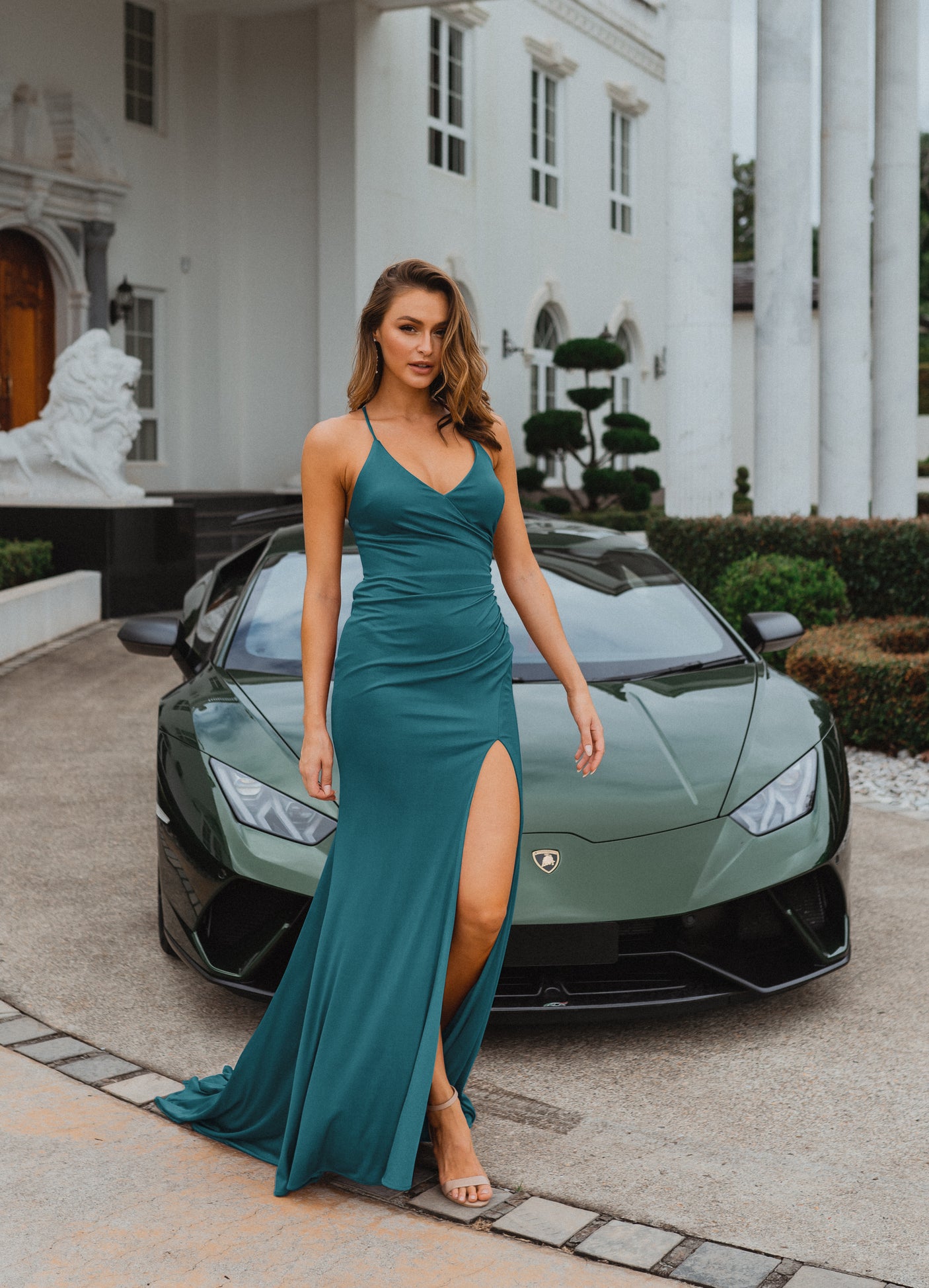 PO917 Teal Scoop Neckline Fitted Floor length dress