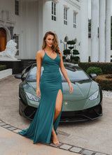PO917 Teal Scoop Neckline Fitted Floor length dress