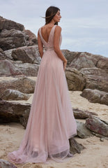 PO947 Wattle back of blush A-line, v neckline, glitter tulle formal dress