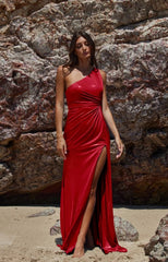 PO951 Leif front of red straight, one shoulder, deluxe jersey formal dress