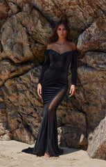 PO952 Rowan front of black  fitted, long sleeve, lace and velvet evening dress