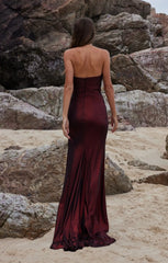 PO955 Storm back of wine fitted mermaid, pointed neckline, metallic satin jersey formal dress
