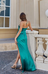 PO958 Dune back of emerald green straight, one shoulder, silky satin evening or formal dress