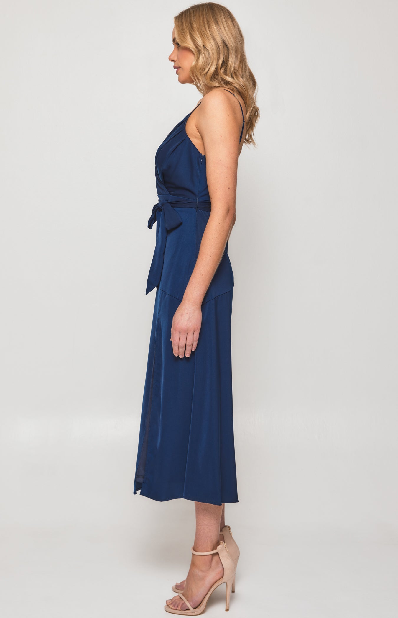 Satin Midi Dress with Pleated Front Detail and Split - Navy