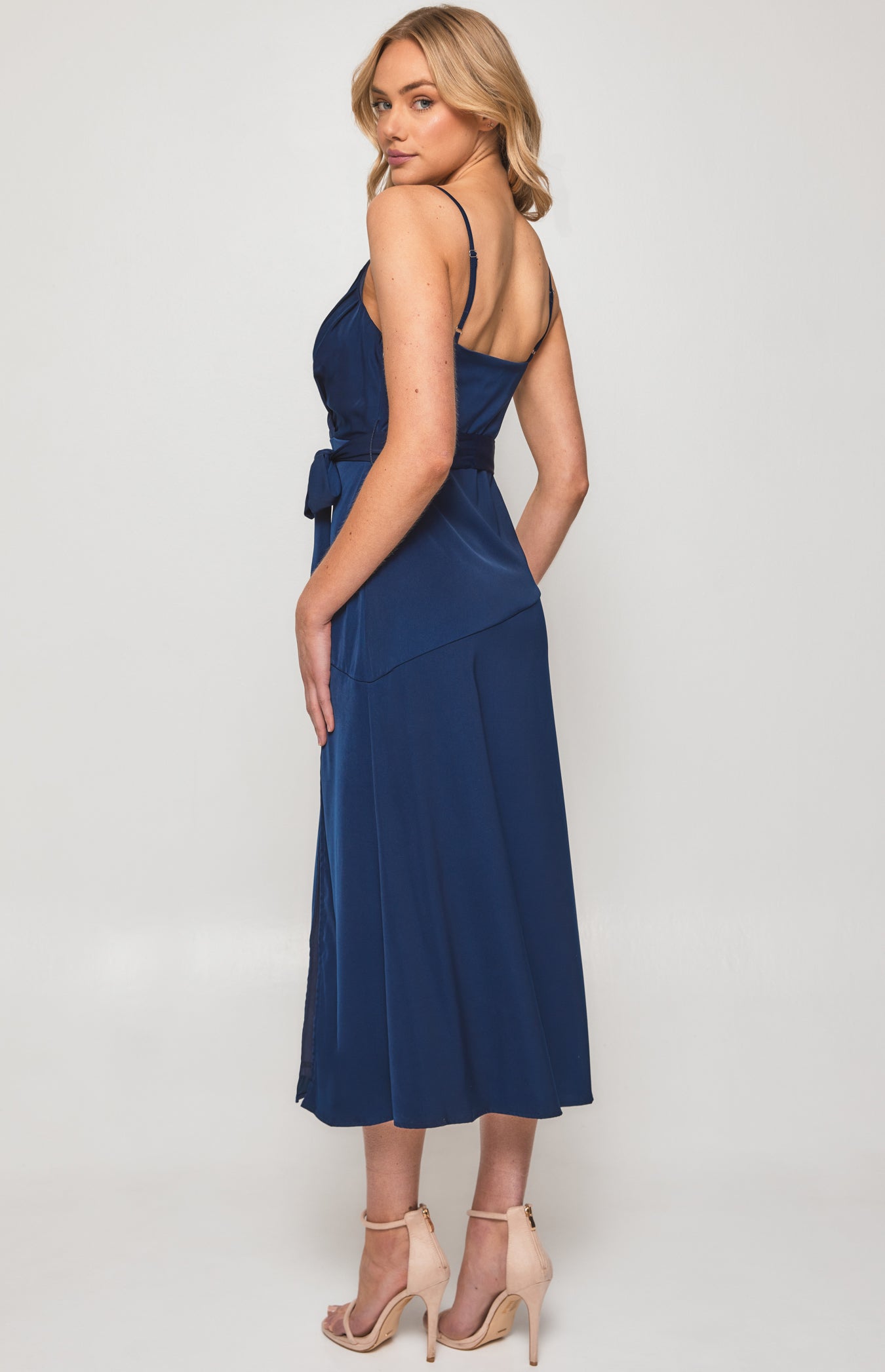 Satin Midi Dress with Pleated Front Detail and Split - Navy
